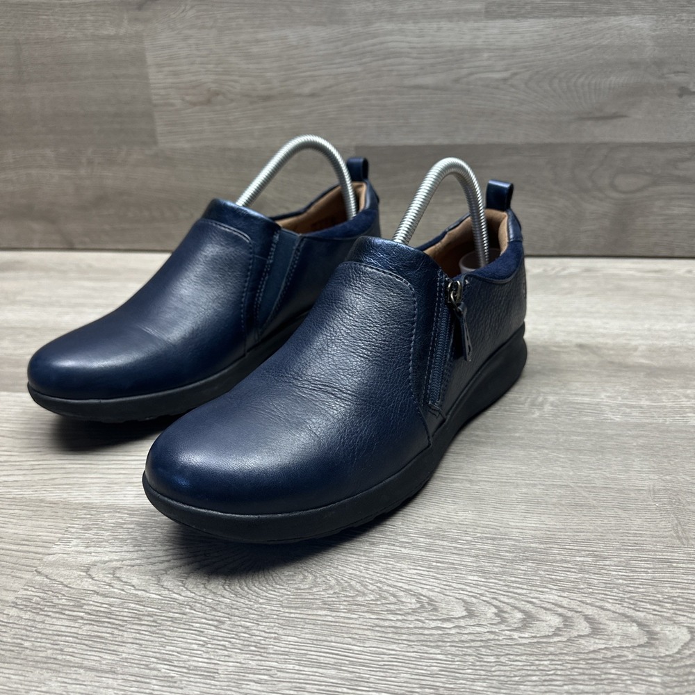 Clarks Unstructured Shoes Womens 10N Casual Side Zip Loafer Blue Leather - Picture 4 of 12